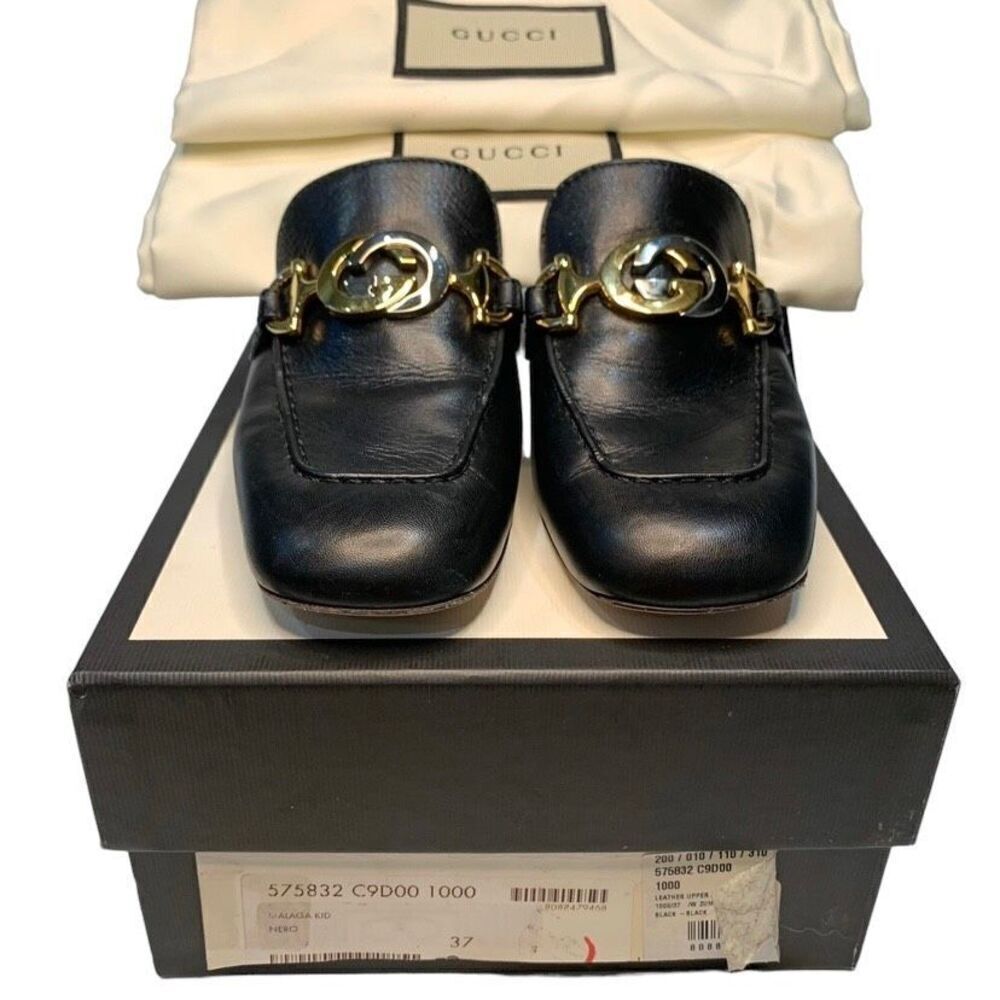 Gucci Zumi Interlocking GG Loafer Pumps EU 37 US 7 Black Leather Logo Mid Heels - Picture 3 of 10